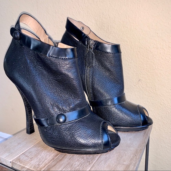 BEBE BLACK LEATHER PEEP TOE PLATFORM BOOTE - Picture 2 of 9